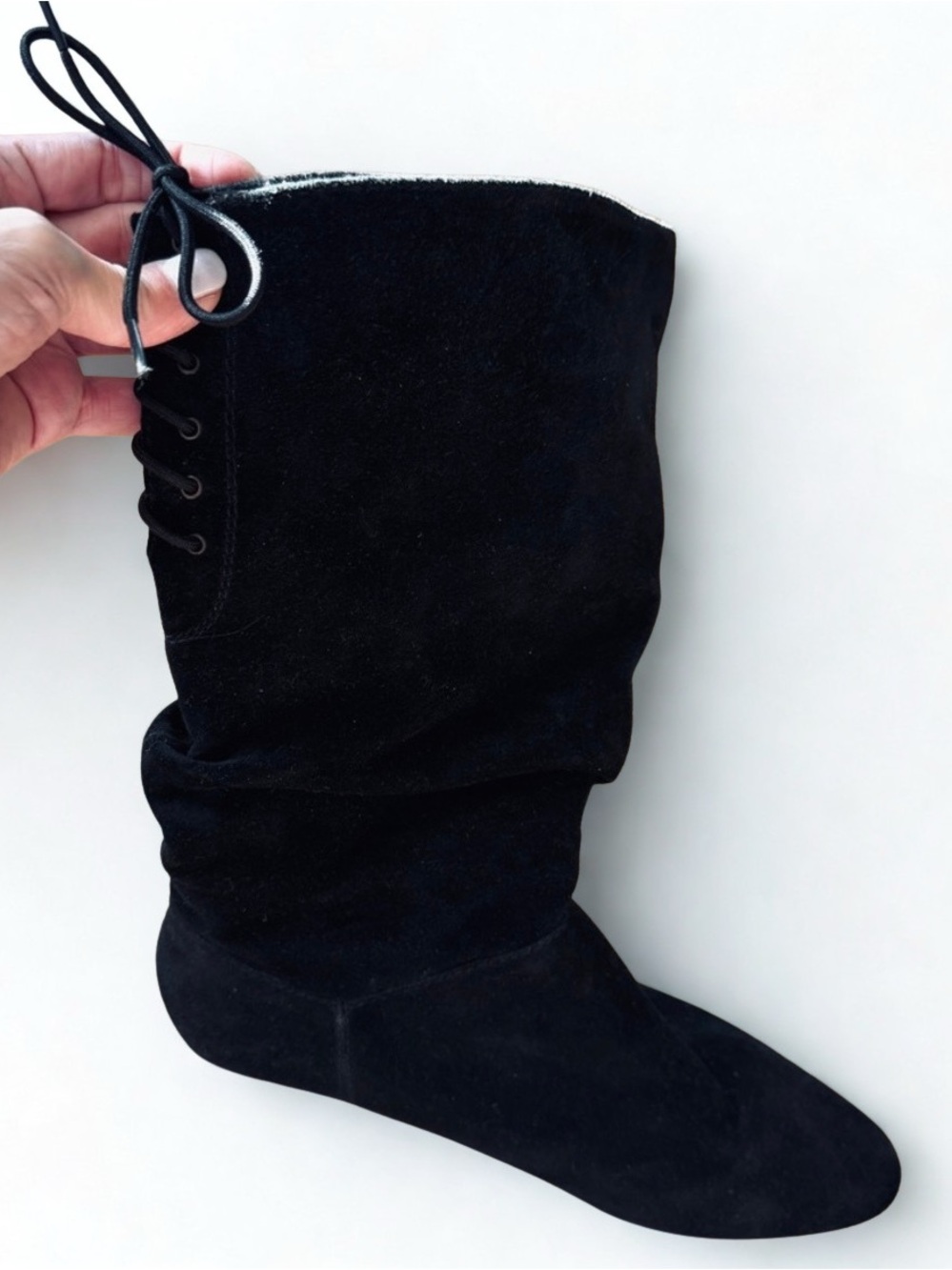 NWOB White Mountain Mid Calf Black Suede Lace Up Boots, Size 7.5